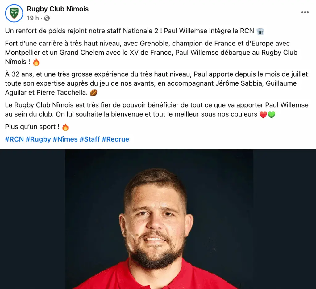 Screenshot of a Facebook post by Rugby Club Nîmois announcing Paul Willemse joining their Nationale 2 coaching staff, with a portrait of the player in a red polo shirt against a dark background