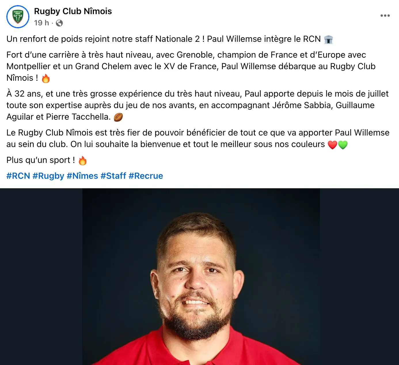Screenshot of a Facebook post by Rugby Club Nîmois announcing Paul Willemse joining their Nationale 2 coaching staff, with a portrait of the player in a red polo shirt against a dark background