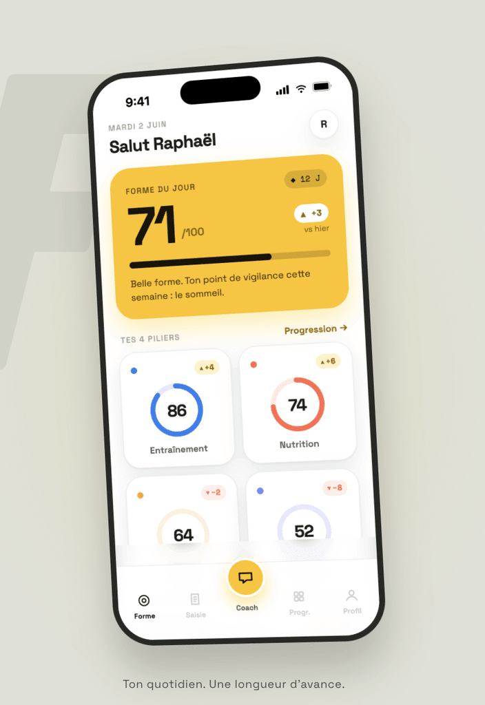 Focus Rugby app home screen: today's form and four pillars, including training and nutrition